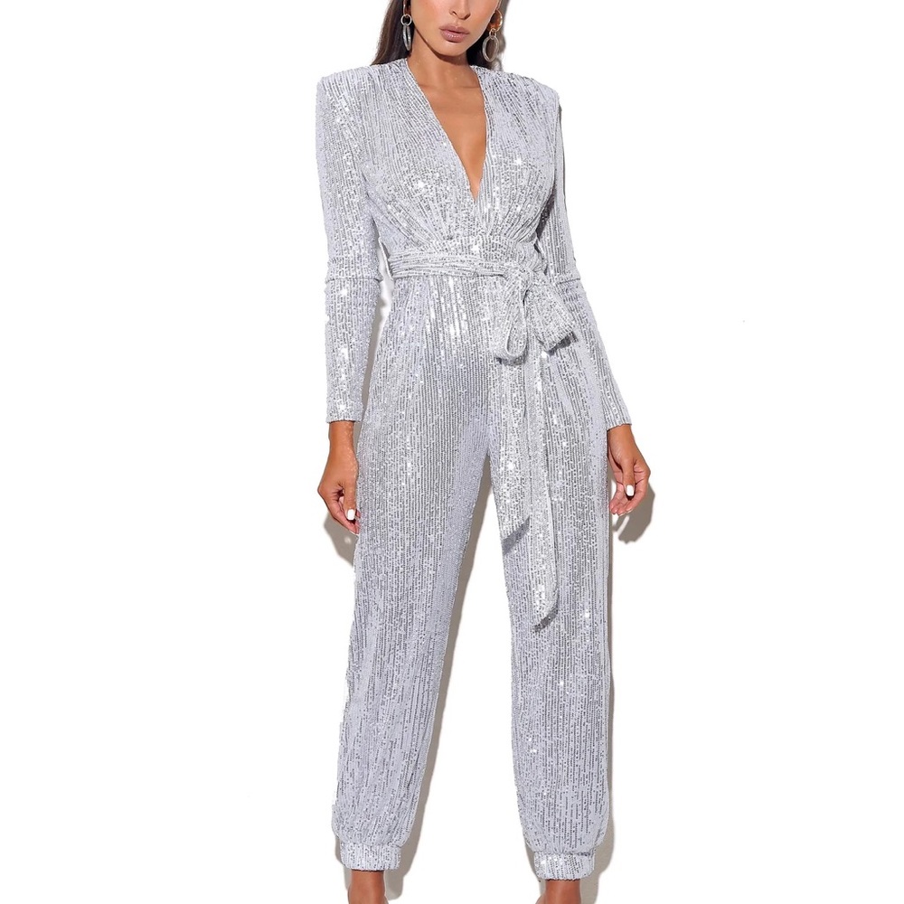 Tasha Silver Sequin Jumpsuit with Waist Tie